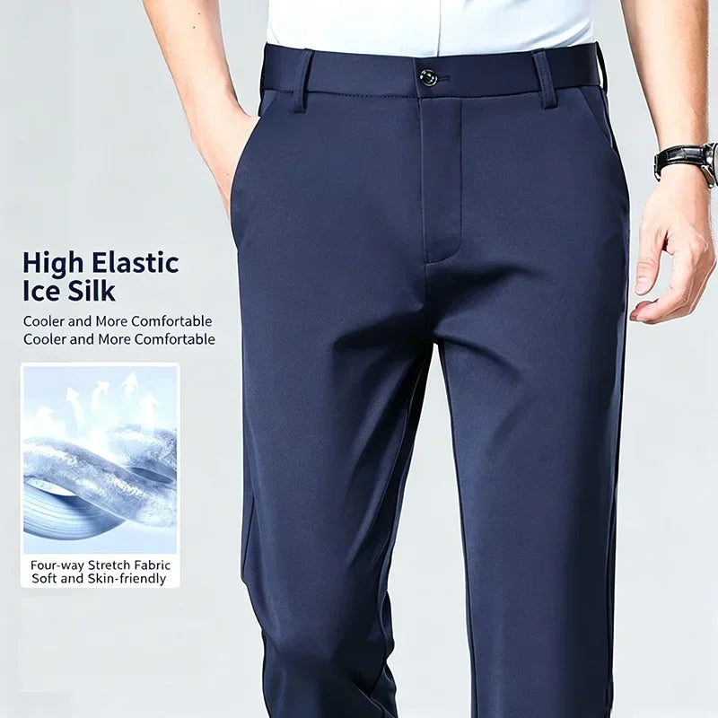 Mens Summer Stretch Straight Leg Business Dress Pants Breathable High Drape Trousers for Business Events