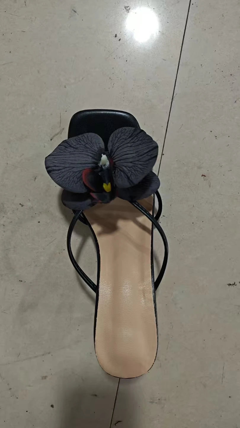 Orchid Flower Summer New High Heeled Women White Pink Blue Purple Floral Heels Square Toe Prom Slipper Slingback Shoes for Women