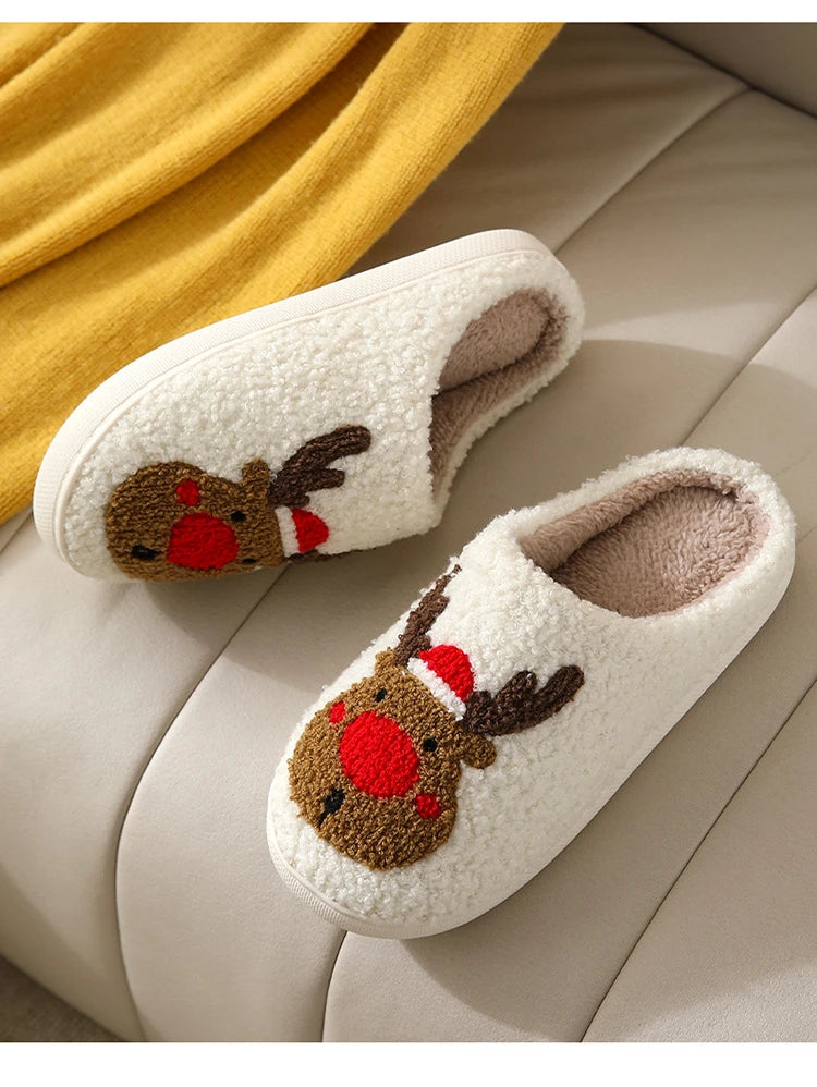 Weihnachten Elch Baumwollhausschuhe für Damen Herren Winter Süße Cartoon Zuhause Rutschfeste Paar Bodenhausschuhe Indoor Plüschschuhe 20