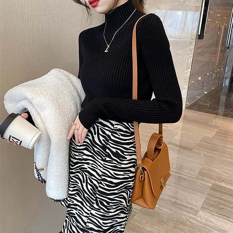 Nouveau pull élégant basique en maille unie pour femme, col roulé, manches longues, décontracté, coupe ajustée, mode simple et chic