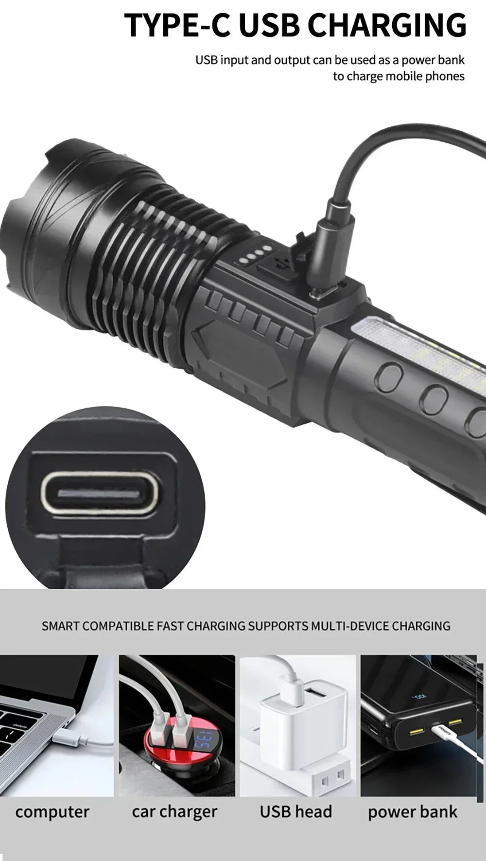 5 LED High Power Led Flashlights Rechargeable Camping Torch 5 Lighting Modes For Outdoor Camping Adventure Lamp with Side Light