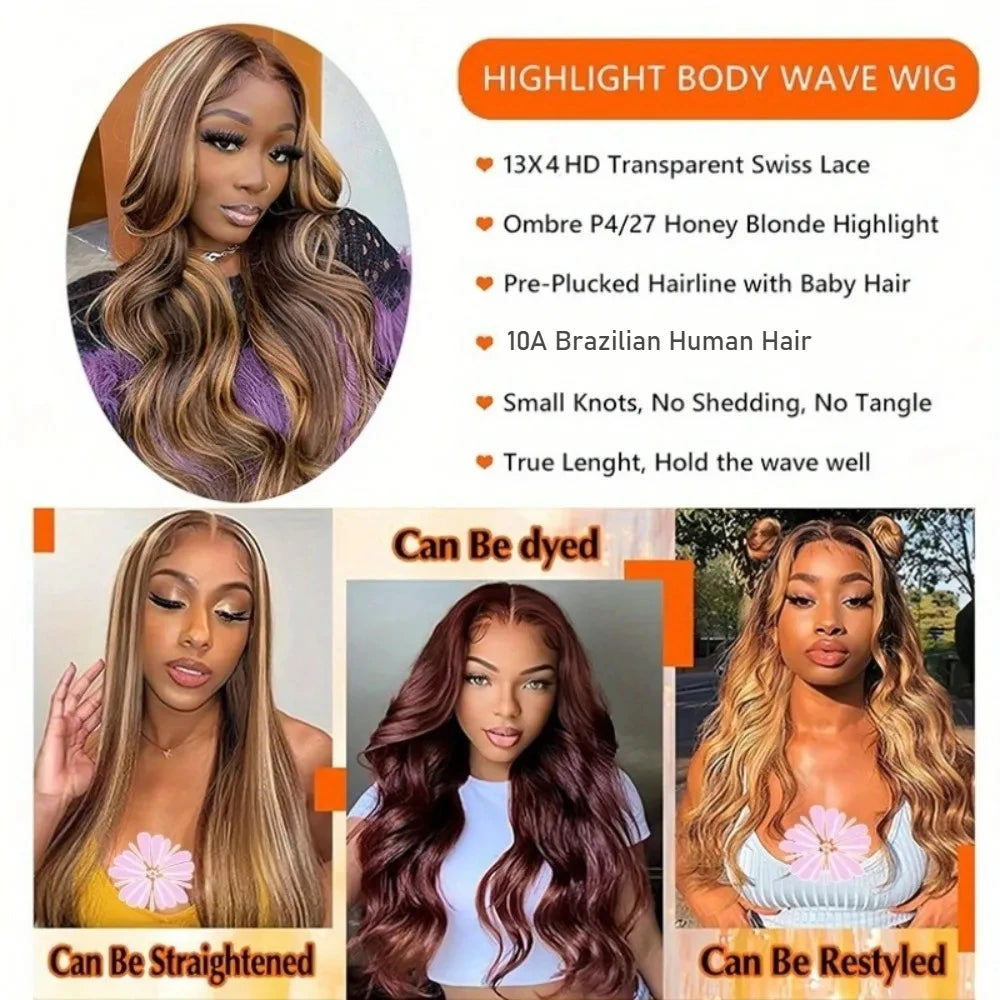 30 Zoll Honigblond Ombre Lace-Front-Perücke Echthaar 13x4 HD Lace-Front-Perücke 4/27 Highlight Ombre Body Wave Lace Frontal Ohne Kleber