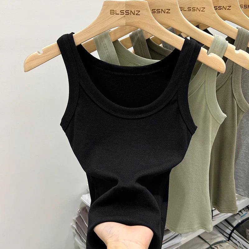 zjaiss Women Solid Round Neck Ribbed Tank Top Camisole Women 2026 Summer Basic Elastic Tank Top O Neck Solid Tank Top