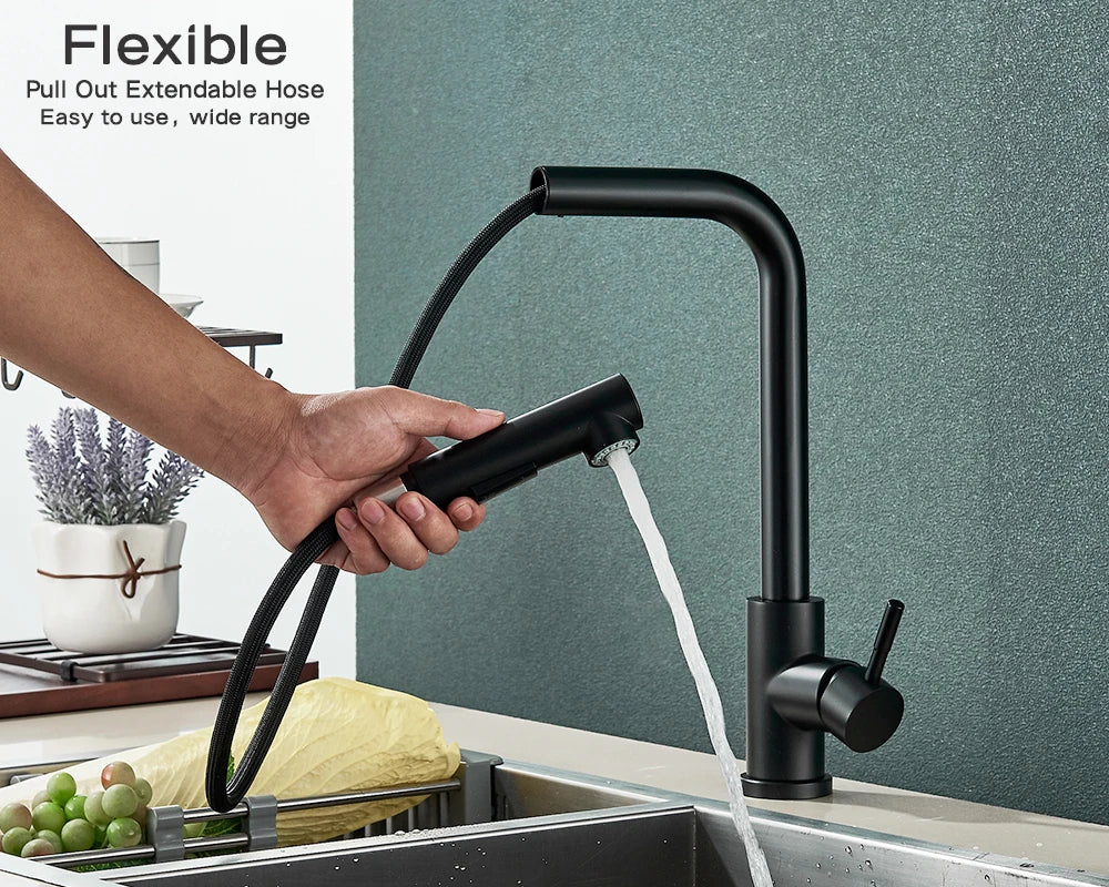 Black Pull Out Kitchen Sink Faucet Flexible 2 Modes Stream & Sprayer Nozzle Faucets Stainless Steel Hot Cold Wate Mixer Tap Deck - Shoppiline