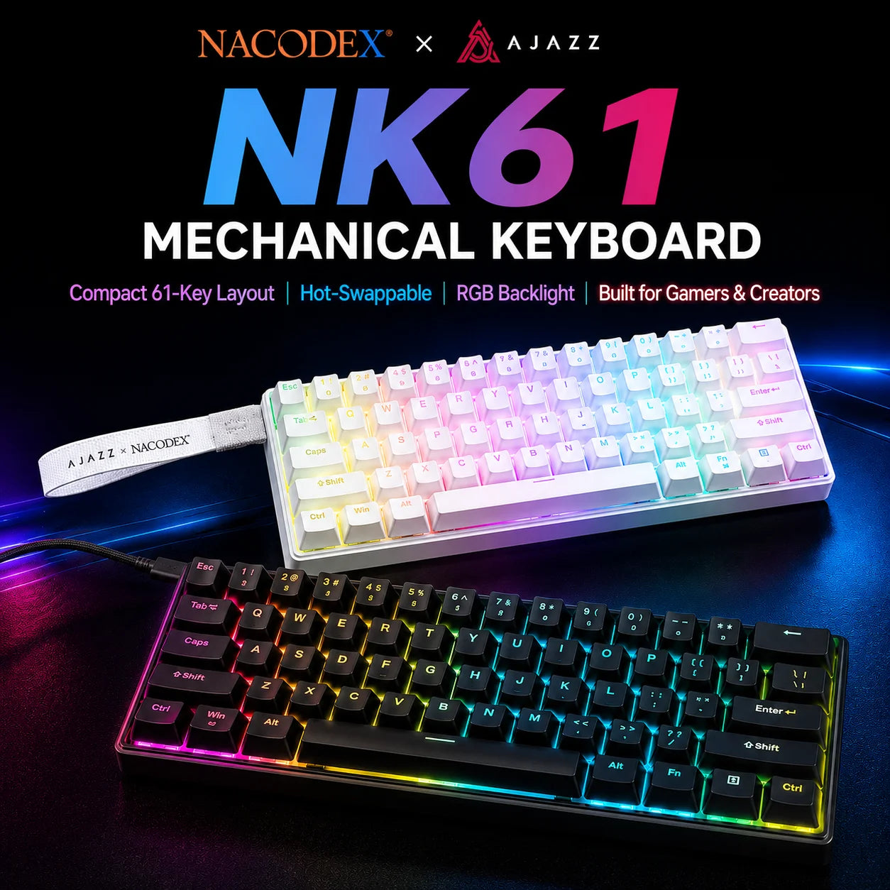 AJAZZ NK61 Wired Mechanical Keyboard 61 Keys 60% Compact  Hot Swappable Red Switch RGB Backlit Portable for Gaming Laptop Gamer
