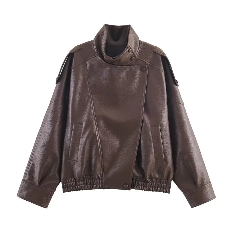 Women's Jacket 2026 Autunm  New Black Long Sleeve Pebble Faux Leather Jacket Motorcycle Style Personality Fashion