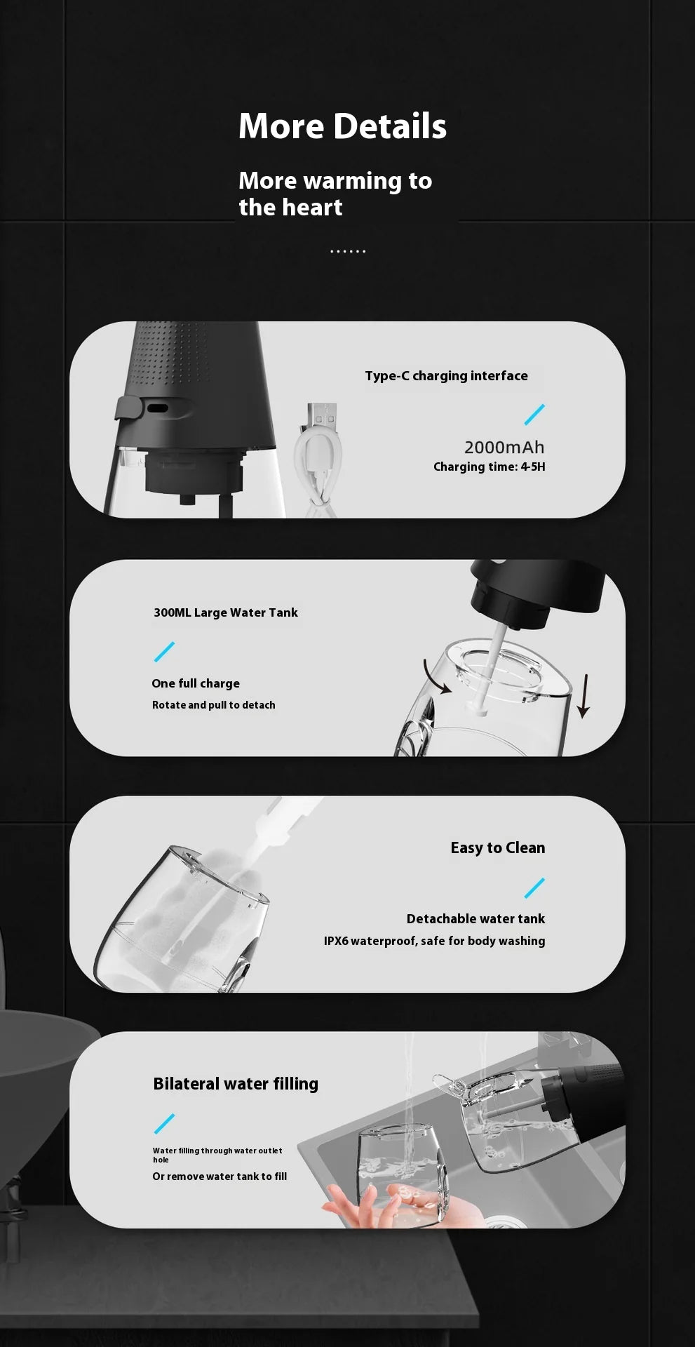 HOMEFISH Oral Irrigator Portable Dental Water Flosser USB Rechargeable Water Jet Floss Tooth Pick Jet Tip Modes Waterproof