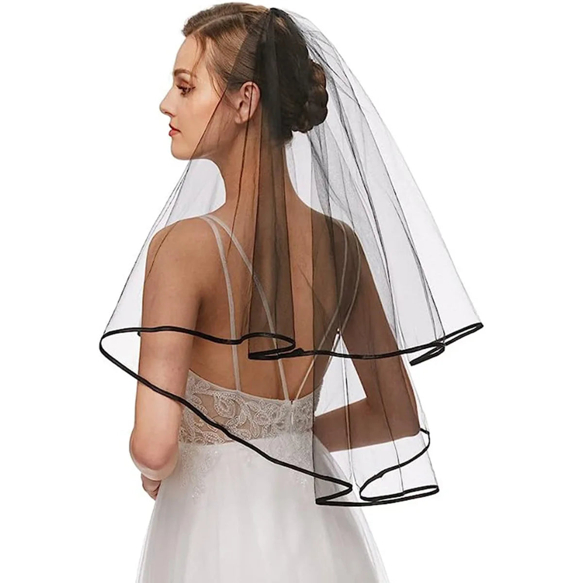 Gothic Ribbon Edge Bridal Veil for Women Accessories 2 Tiers with Comb Wedding Party Short Veil Accessories