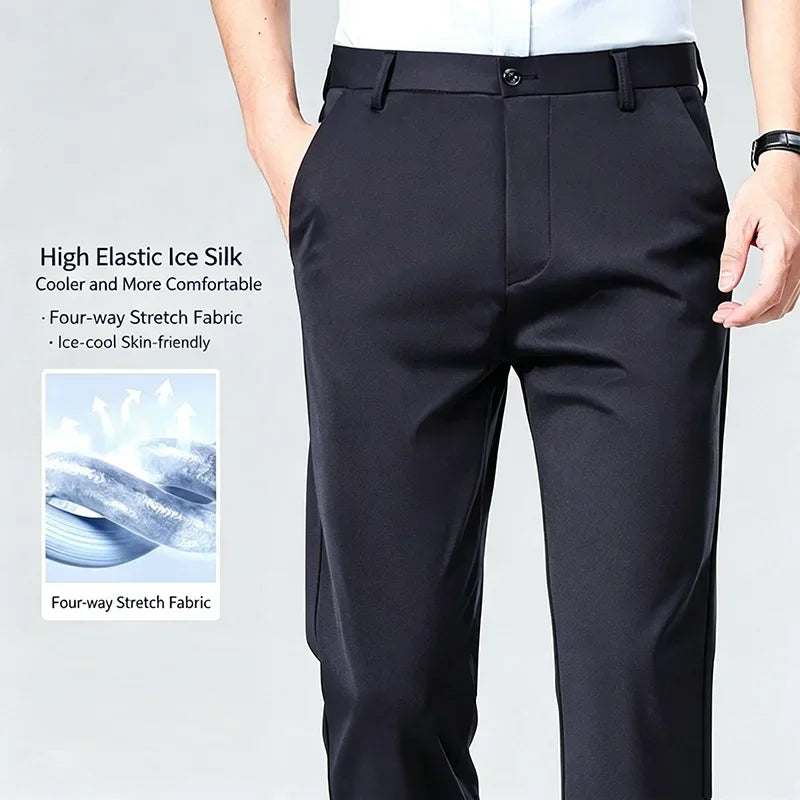 Mens Summer Stretch Straight Leg Business Dress Pants Breathable High Drape Trousers for Business Events