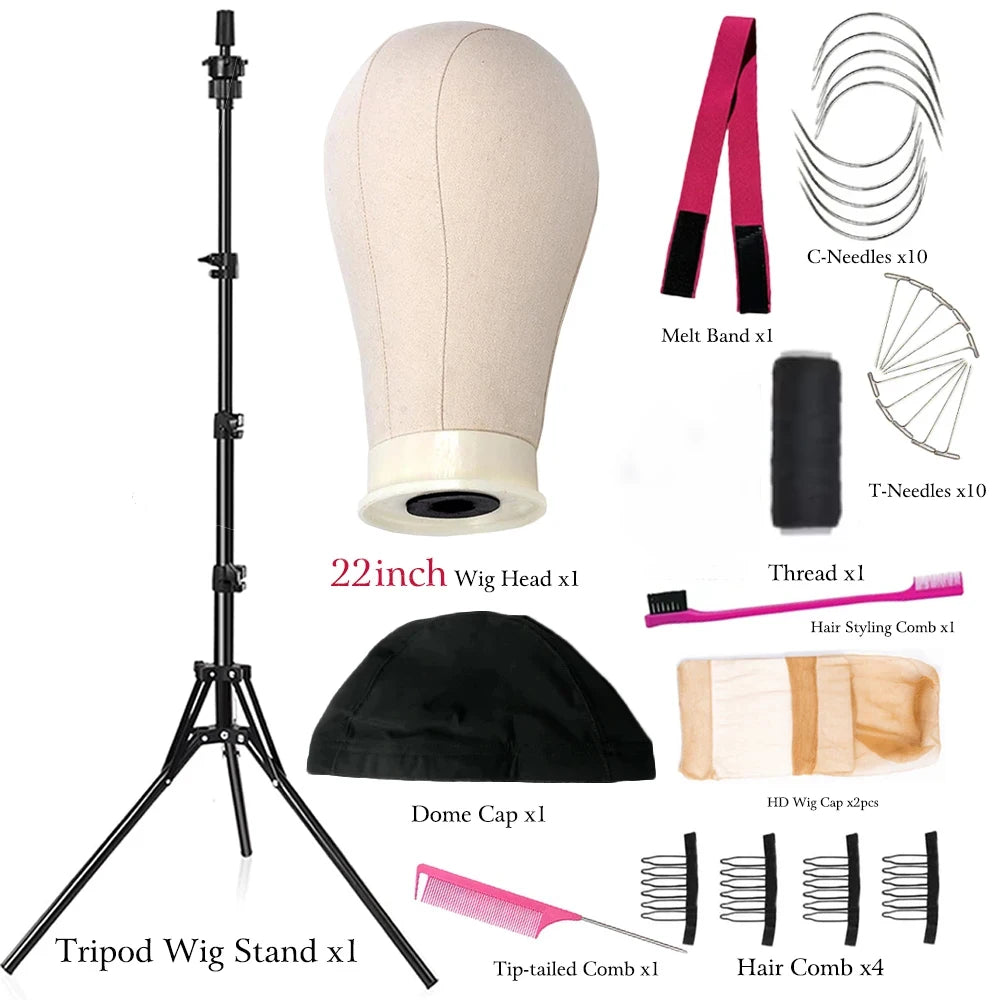 Wig Stand & 22 in Head Combination set，Canvas Wig Head Stand with Mannequin Head for Wigs Manikin Head Block Set for Wigs Making