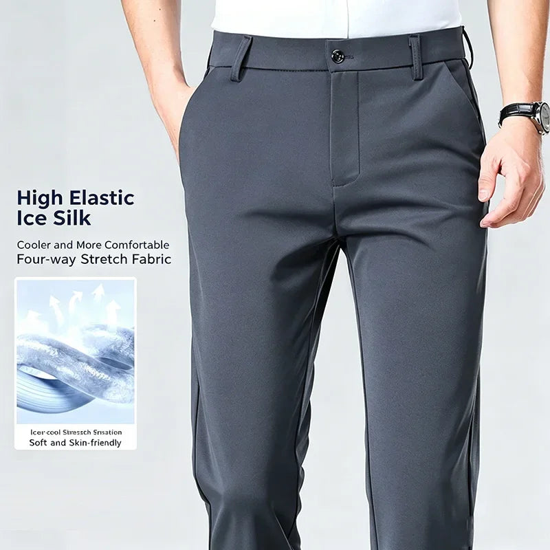 Mens Summer Stretch Straight Leg Business Dress Pants Breathable High Drape Trousers for Business Events