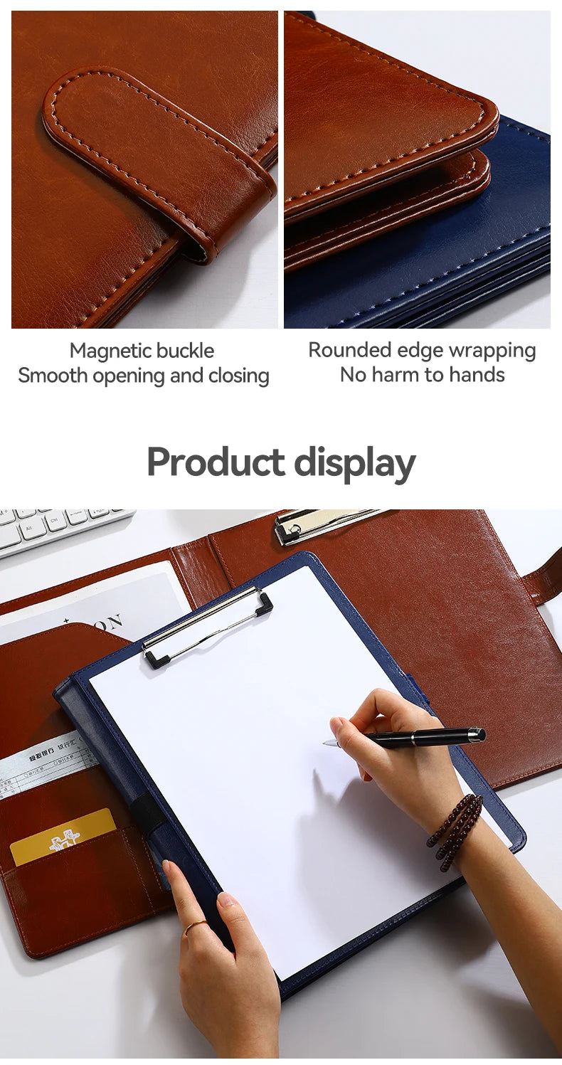 1Pc Texture PU Leather Multi-Functional Folder A4 Clip Pen Holder Card Slots - Business Office Meeting Organizer for Bank/Sales - Shoppiline