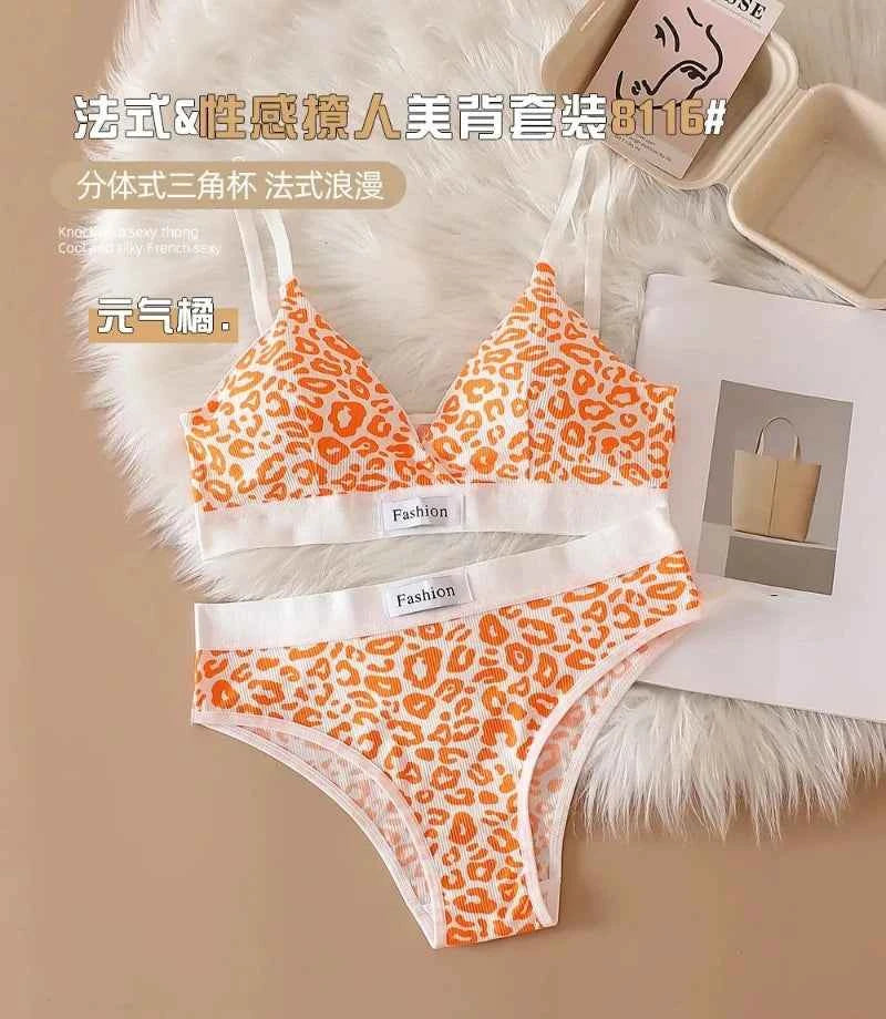 2025 Summer New Women's Leopard Print Traceless and Steel Rim Bra Adjustable Shoulder Strap Back Women's Underwear Set