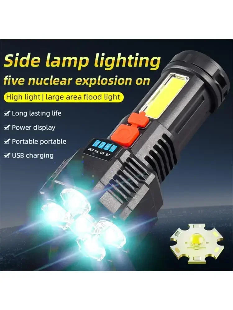 5 LED High Power Led Flashlights Rechargeable Camping Torch 5 Lighting Modes For Outdoor Camping Adventure Lamp with Side Light