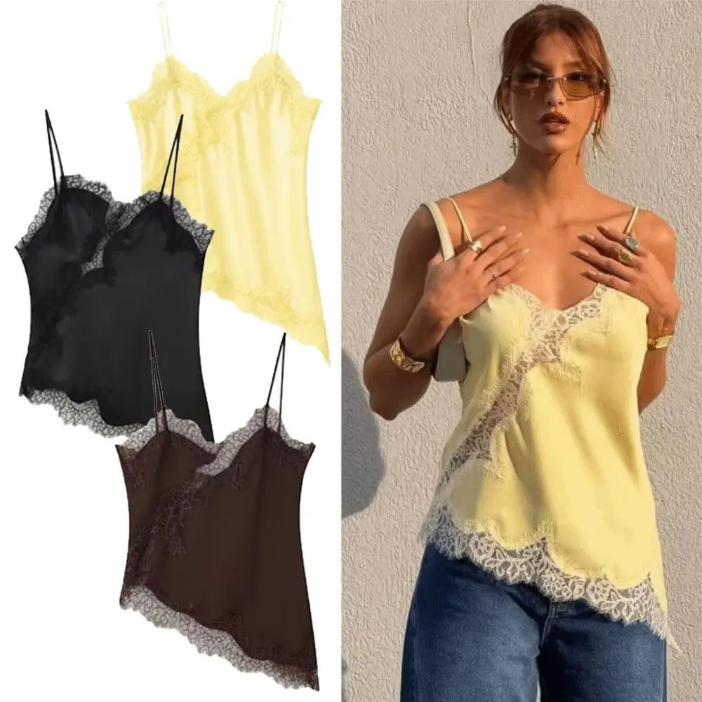 Elegant Asymmetrical Lace Lace Patchwork Top Sleeveless Backless Camisole Tops V Neck Sexy Lace Women tank top Summer Wear