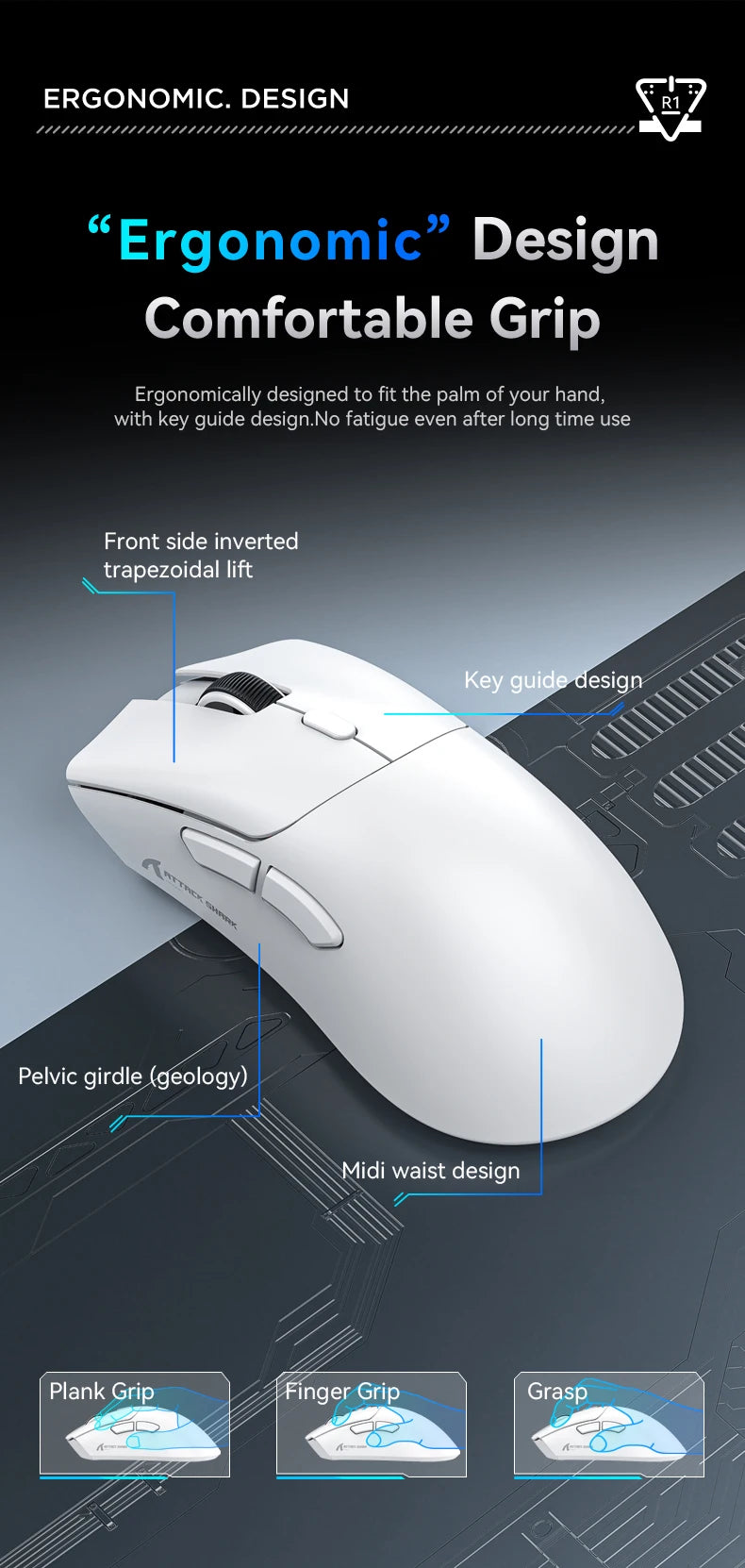 R1 Attack Shark Lightweight Wireless Mouse, 18000dpi,1000Hz PAW3311,Bluetooth Tri-mode Connection, Macro Gaming Mouse @3C1