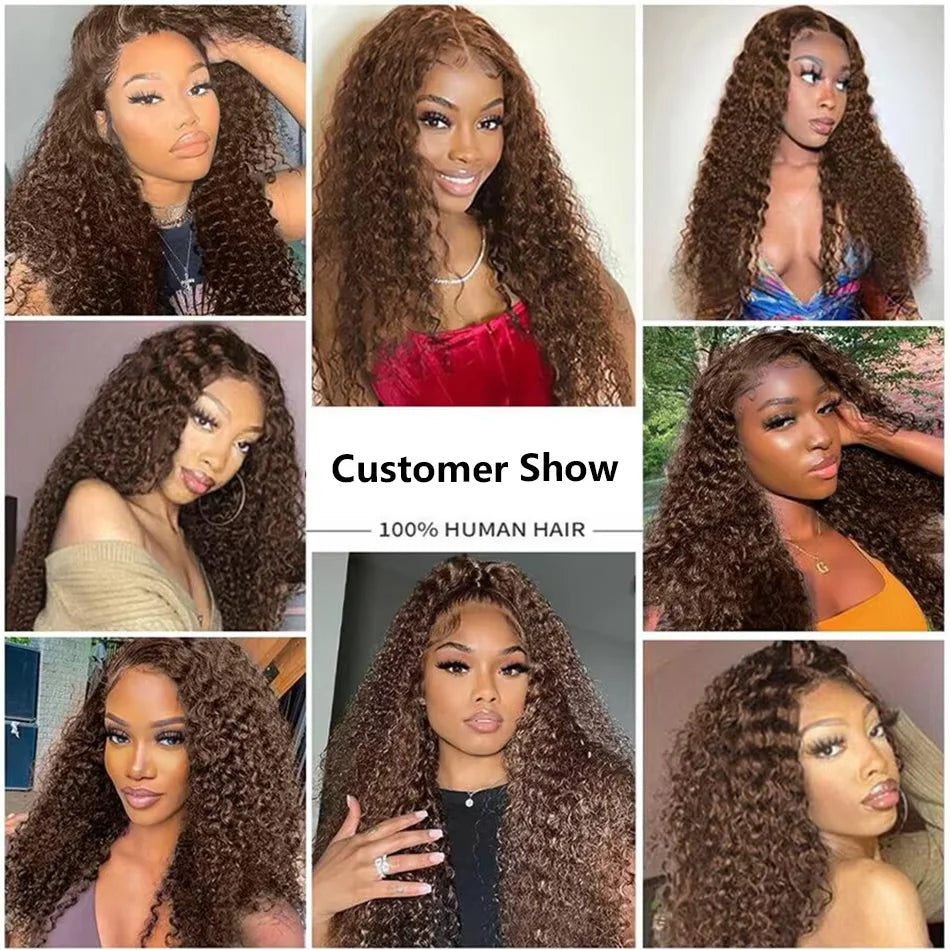 Schokobraune Deep Wave 13x6 Lace Front Perücke Echthaar Wasserwelle 250% Dichte Lockige Perücke Echthaar Braune Perücken Vorgezupft