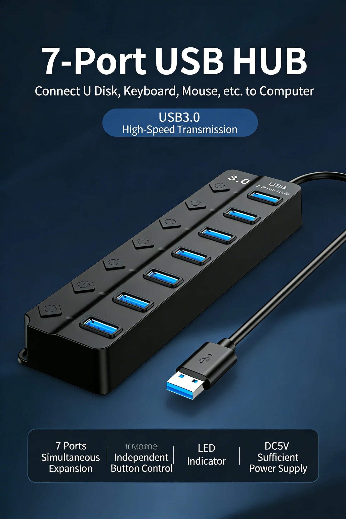 USB 3.0 Hub 4/7 Port with LED Indicator Independent Switch Control for Laptop Flash Drive Hard Disk Printer Camera Keyboard