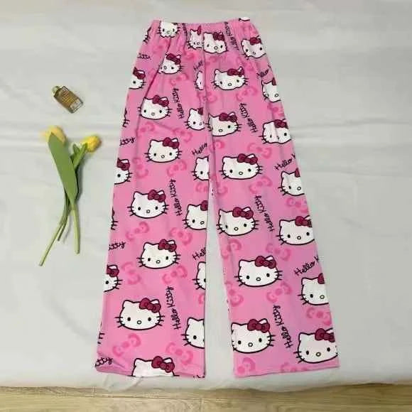 Cartoon Hello Kitty pajama pants for men and women spring and summer thin loose couple casual home pants walking pants