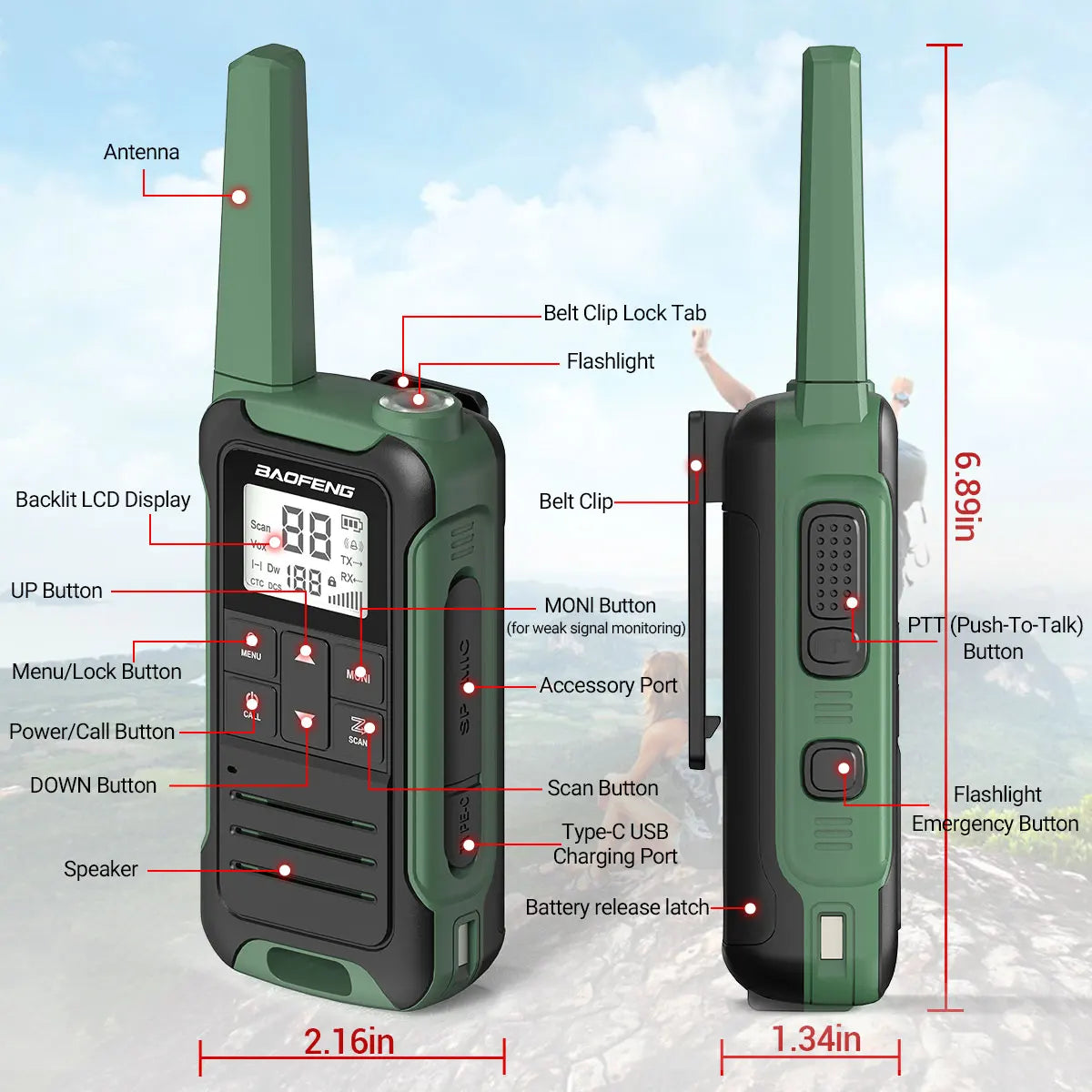 2pcs Baofeng F22 Mini Walkie Talkie PMR Long Range Rechargable Portable Kids Two Way Radio Type-C Charger for Camping Trip - Shoppiline
