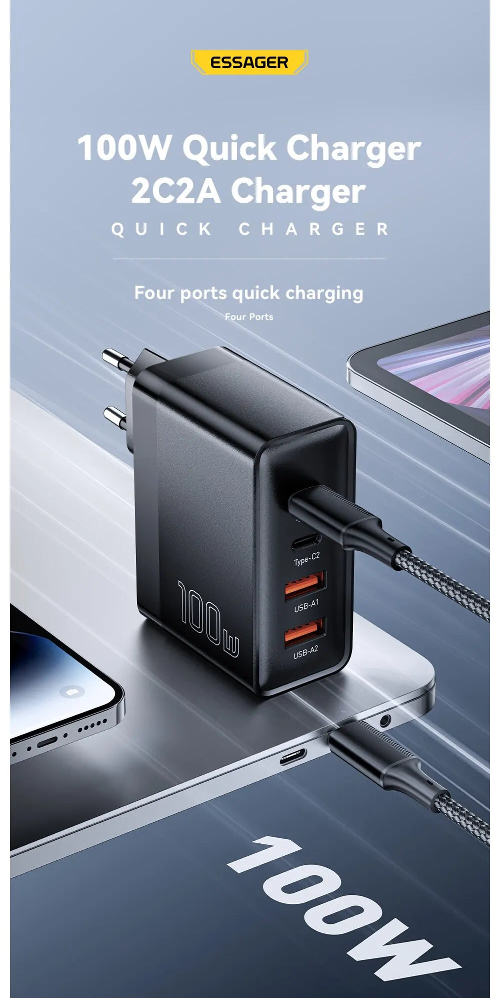 Essager 100W GaN USB Type C Caricabatterie PD QC Quick Charge 4.0 3.0 Type C Ricarica Rapida Per iPhone 14 13 12 Xiaomi Macbook - Shoppiline