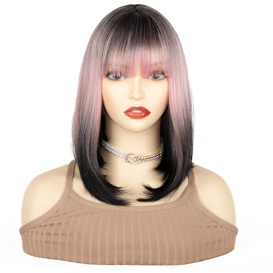 14 Inch Chic Short Straight Pink to Black Gradient Wig with Bangs Synthetic Hair for Women, Perfect for Party Daily Use