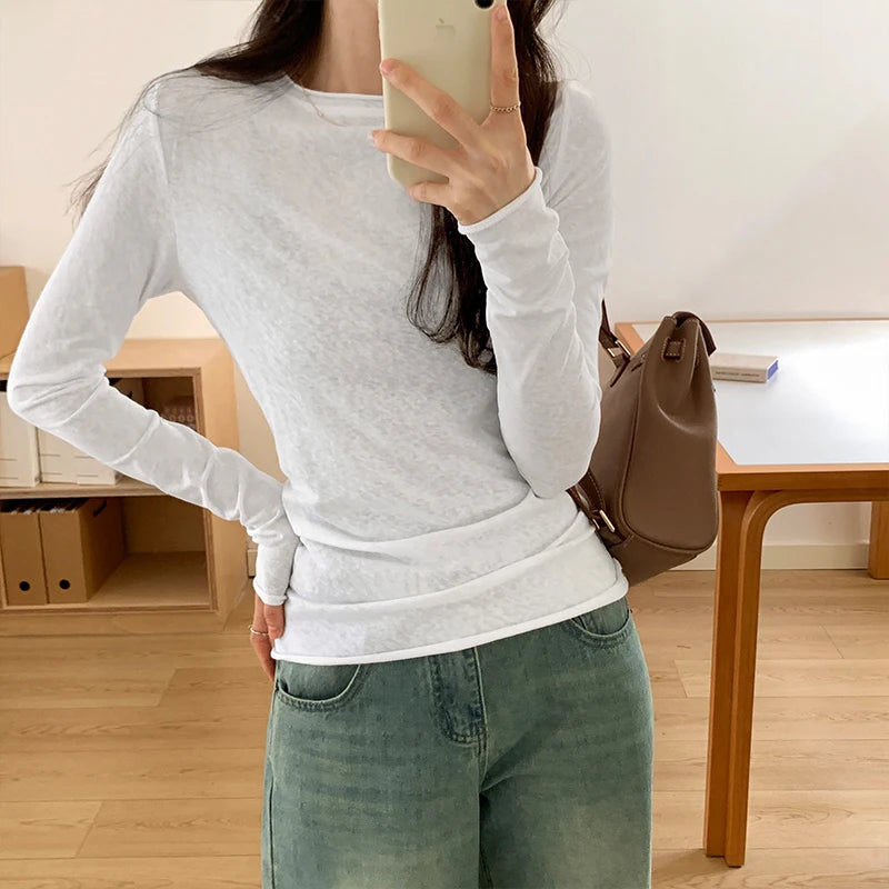 Spring Autumn T shirt Women Tops Solid Long Sleeve Ruched O Neck Tshirts Female Korean Casual Streetwear High Quality Base Tees