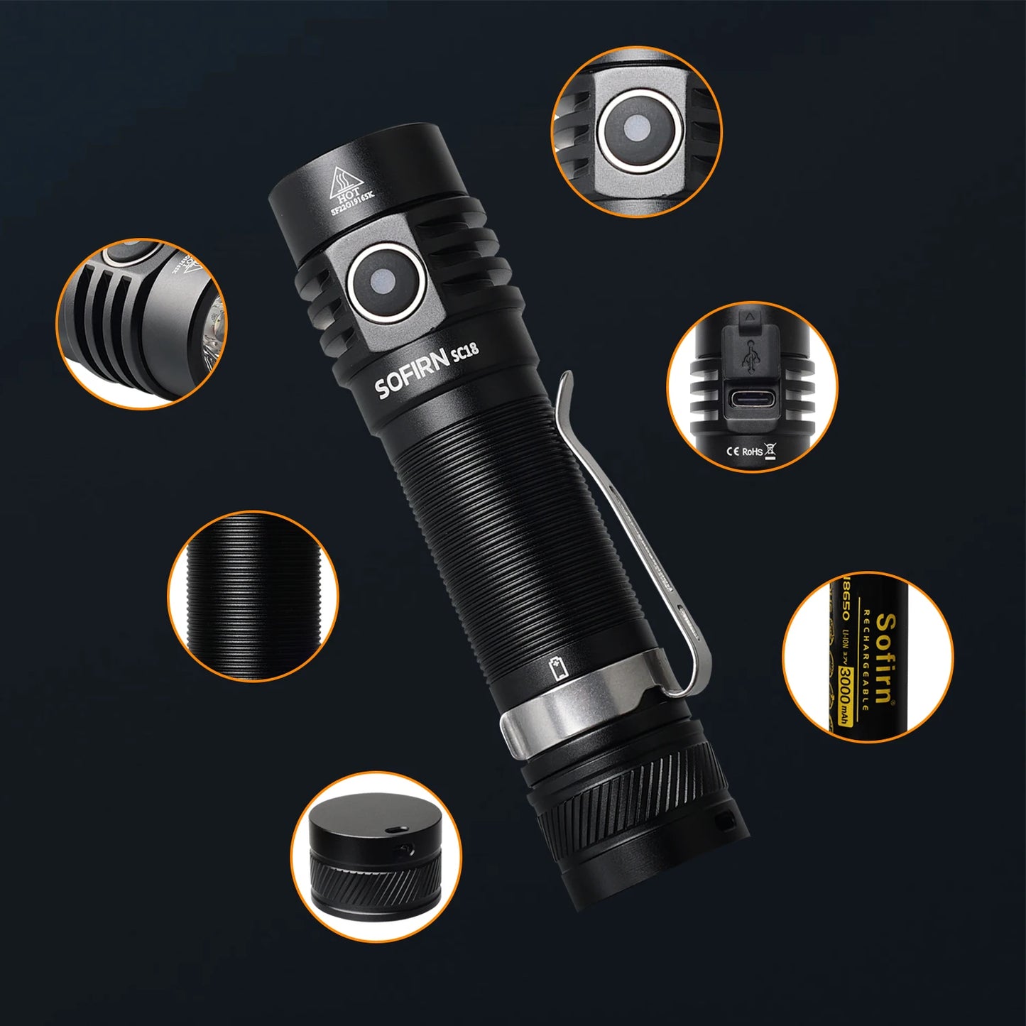 Sofirn SC18 1800lm EDC Flashlight USB C Rechargeable SST40 LED 18650 Torch TIR Optics Lens Lantern with Power Indicator - Shoppiline