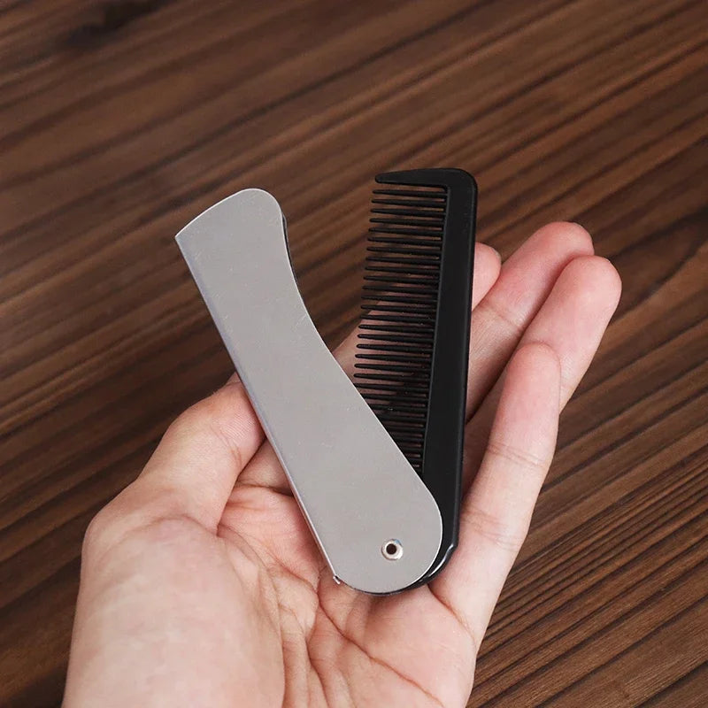 1pc Foldable Anti Static Pocket Steel Comb Men's Oil Head Portable Beard Comb Foldable Styling Tool Special for Real Hair Wigs