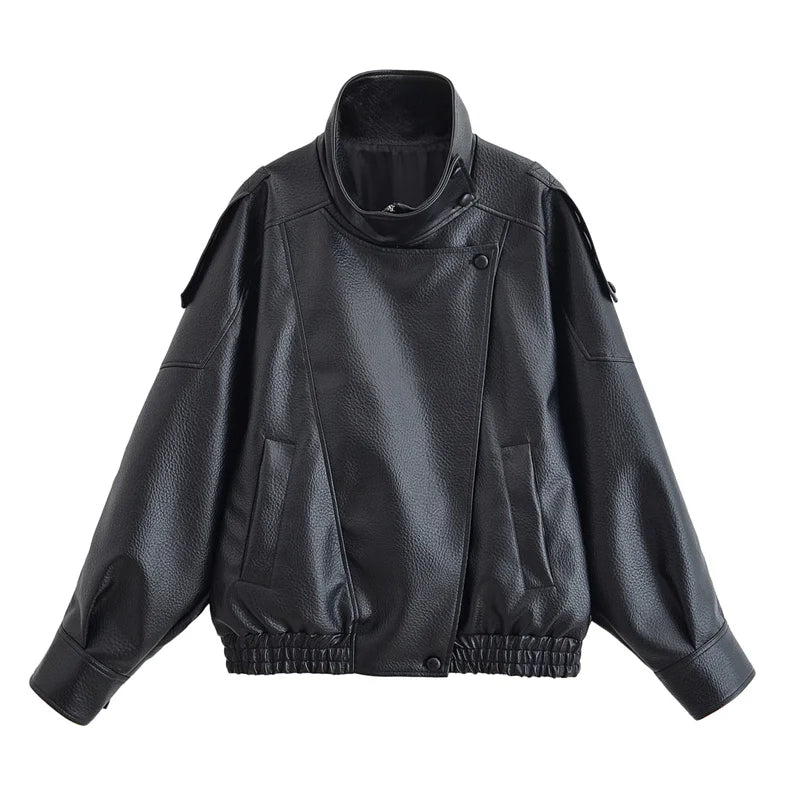 Women's Jacket 2026 Autunm  New Black Long Sleeve Pebble Faux Leather Jacket Motorcycle Style Personality Fashion