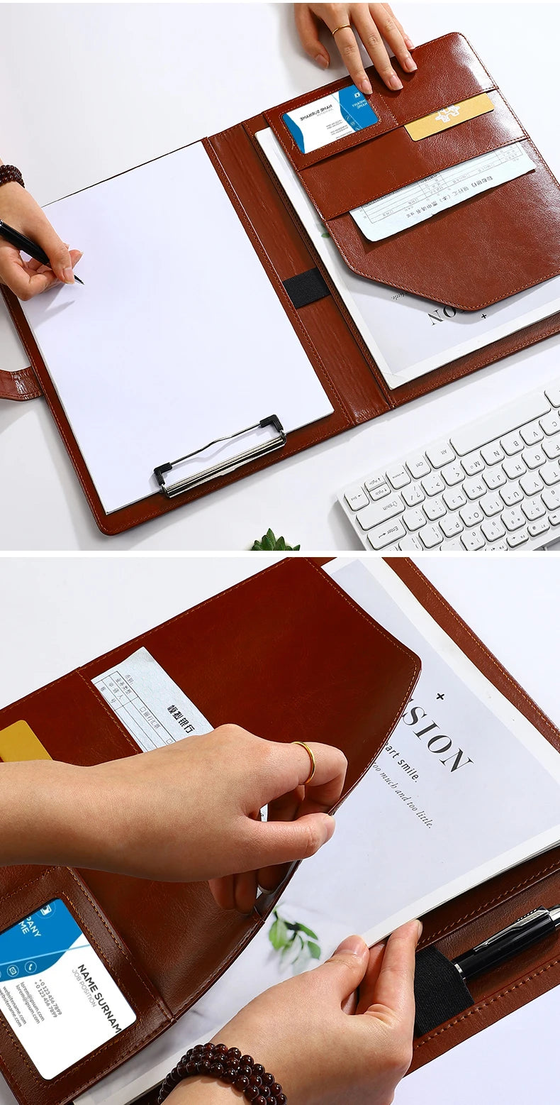 1Pc Texture PU Leather Multi-Functional Folder A4 Clip Pen Holder Card Slots - Business Office Meeting Organizer for Bank/Sales - Shoppiline