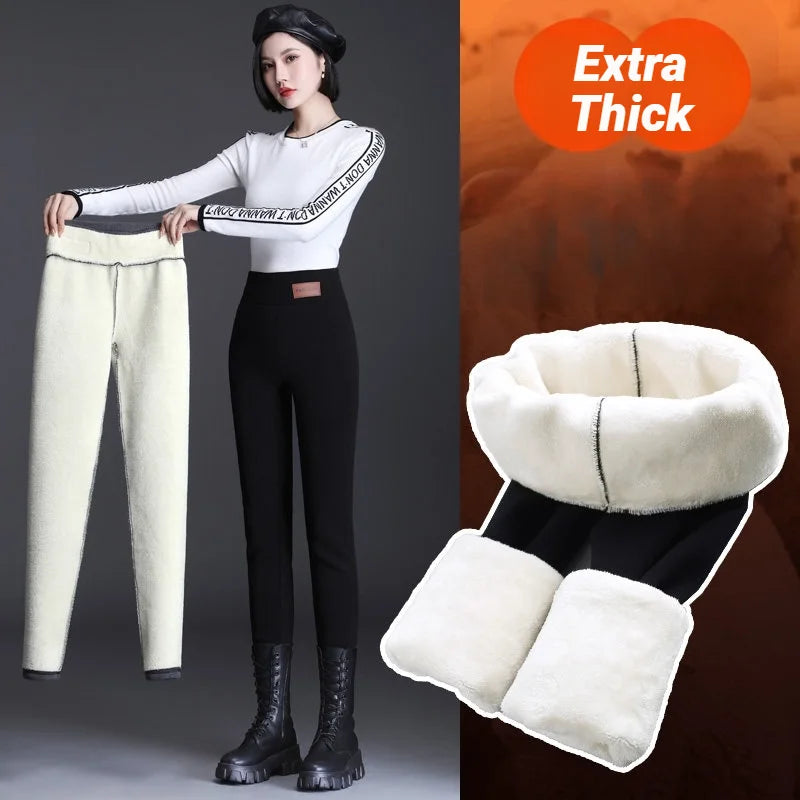 Women High Waist Thicken Fleece Thermal Leggings Winter Warm Slim Elastic Black Sexy Translucent Tight Pantyhose Pants