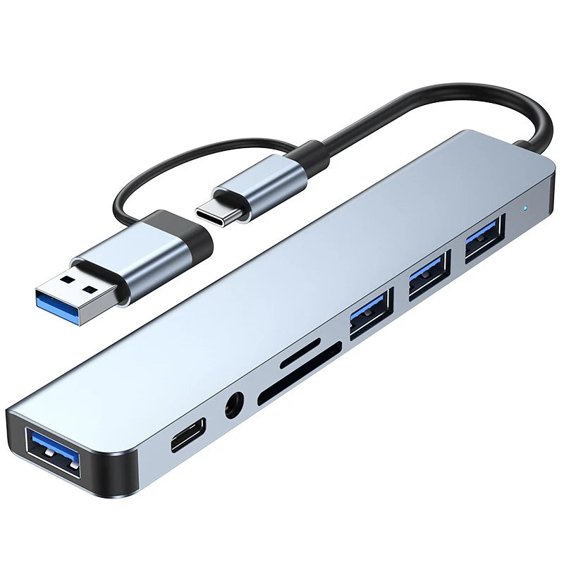 8-in-2 USB-C-Hub-Dockingstation mit 3,5-mm-Audiobuchse, Micro-SD-Kartenleser, Laptop-, Tablet-, Telefon- und Festplattenkonverter
