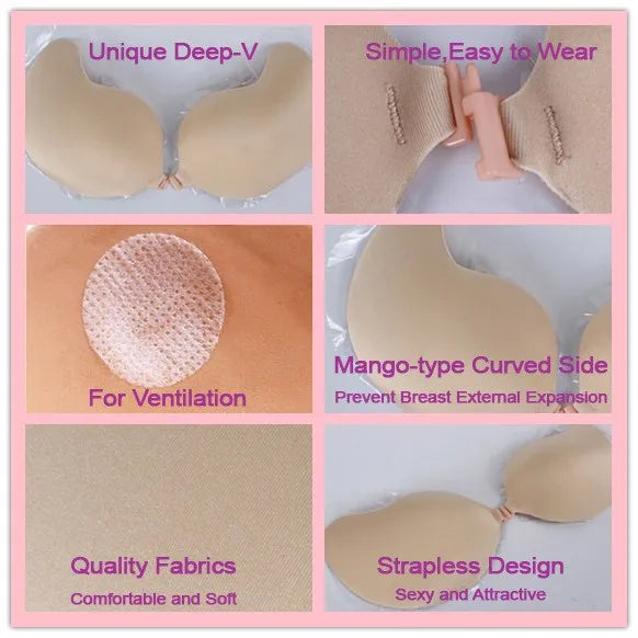 Women Sexy Strapless Invisible Bra Push Up Bralette Self Adhesive Silicone Bust Front Closure Sticky Bra Backless Stealth Bra