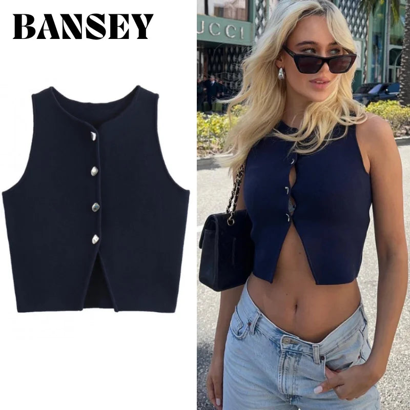 2025 Summer Women's Streetwear Knitted Crop Tops Buttoned Blouses & Strapless Tank Tops for Casual & Party Wear