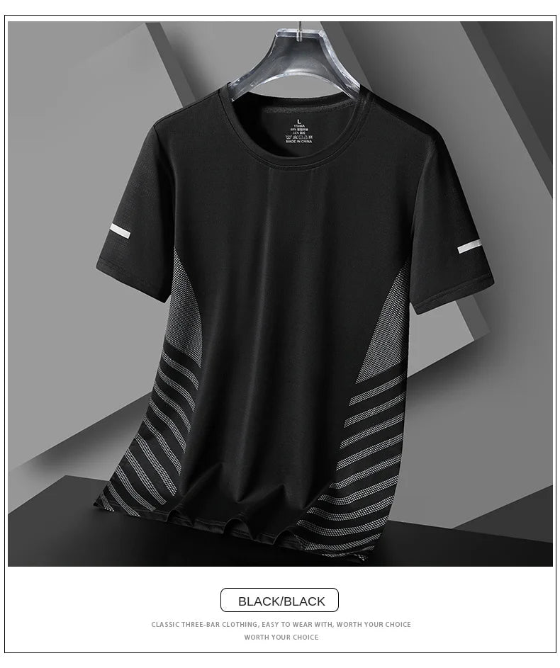 Laufendes T-Shirt Herren Sommer Eisseide Dünnes Oberteil Reflektierender Druck Schnell Trocknend Kurzarm Atmungsaktives Fitness Sport T-Shirt 5XL