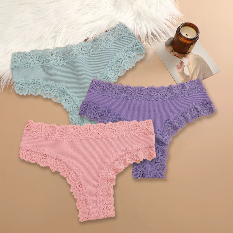 3Pcs/set Women Cotton Panties Floral Lace Intimate Underwear Trendy Patchwork Lace Briefs Female Soft Underpants Lingerie S-XL