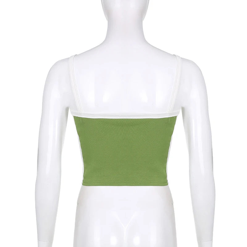 Débardeurs courts en maille sans manches Vert Sexy Basique Patchwork Été 2023 Casual Cami Dos nu Y2k Vintage Débardeur Femme