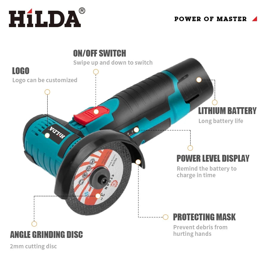 HILDA 12v Mini Angle Grinder Rechargeable Grinding Tool Polishing Grinding Machine For Cutting Diamond Cordless Power Tools - Shoppiline