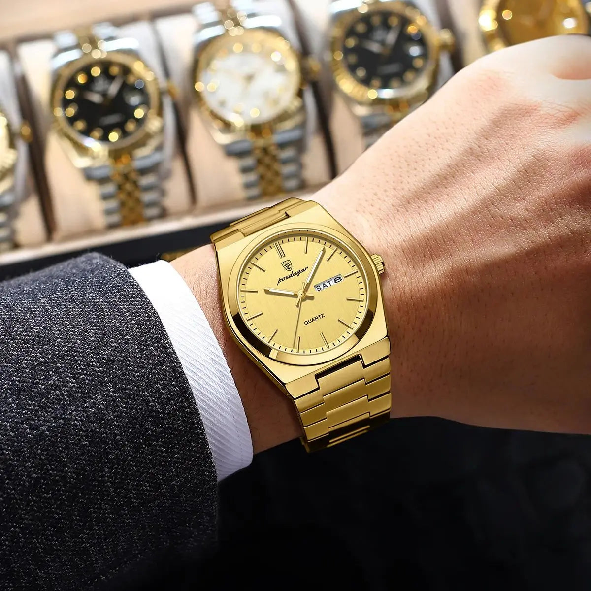 POEDAGAR Mode Klassische Herrenuhr Wasserdichte Leuchtende Datumsanzeige Wochenanzeige Luxus Herrenuhr Edelstahl Quarz Business Herrenuhren