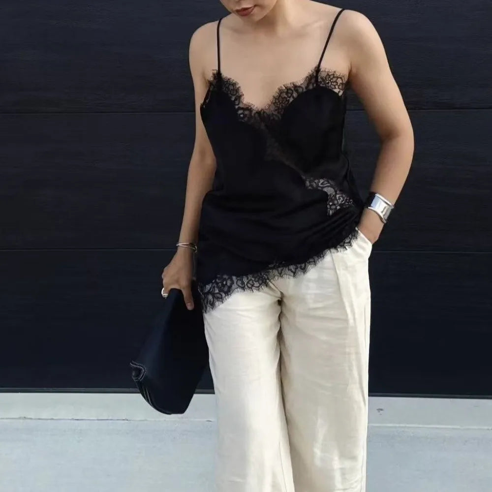 Elegant Asymmetrical Lace Lace Patchwork Top Sleeveless Backless Camisole Tops V Neck Sexy Lace Women tank top Summer Wear