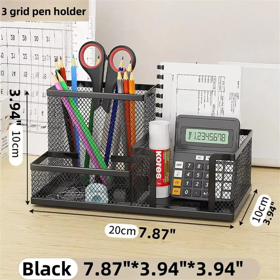 Mesh Desk Organizer Office Supplies Caddy with Pencil Holder and Storage Baskets for Desktop Accessories, 3 Compartments, Black - Shoppiline