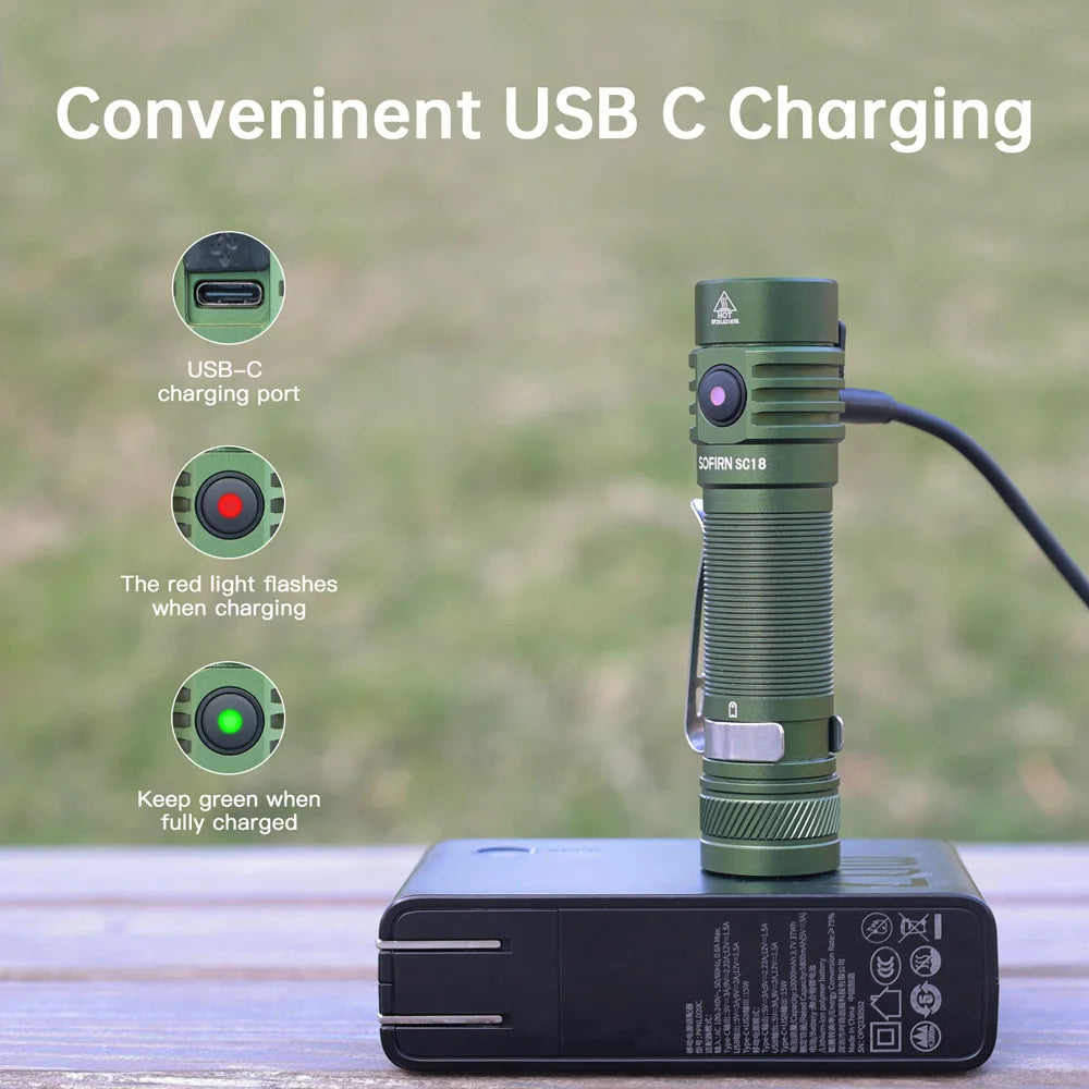 Sofirn SC18 1800lm EDC Flashlight USB C Rechargeable SST40 LED 18650 Torch TIR Optics Lens Lantern with Power Indicator - Shoppiline