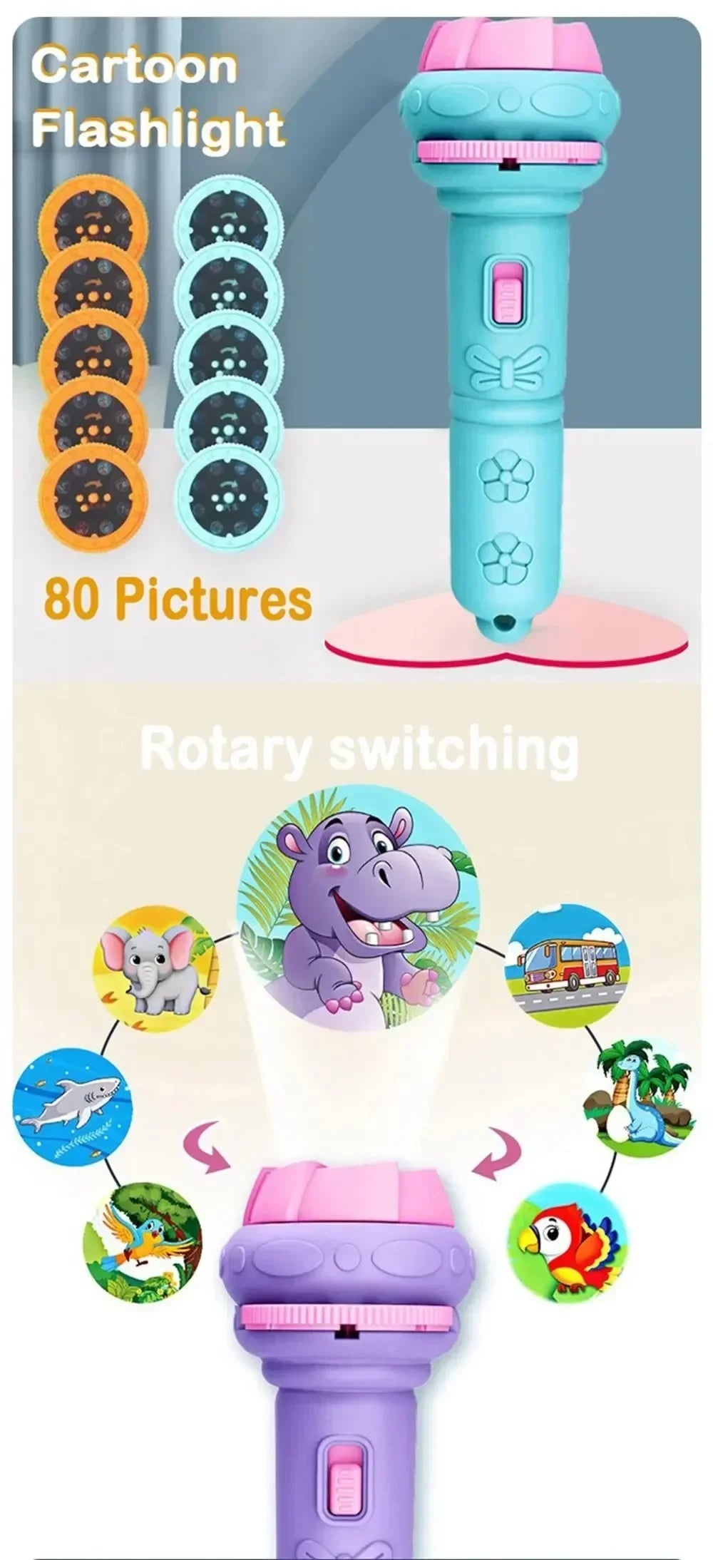 Kinder-Projektor-Taschenlampe mit 10 Karten 80 Bildern Cartoon Nachtlicht Projektor Spielzeug für Kinder Gute-Nacht-Geschichte Erziehungsgeschenk