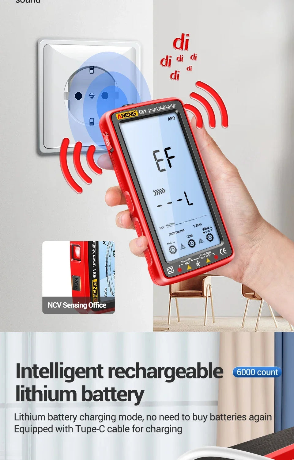 ANENG 681 Non-contact Voltage Tester AC/DC Rechargable Digital Professional MultimeterVoltage Meter LCD Screen Current Tester - Shoppiline