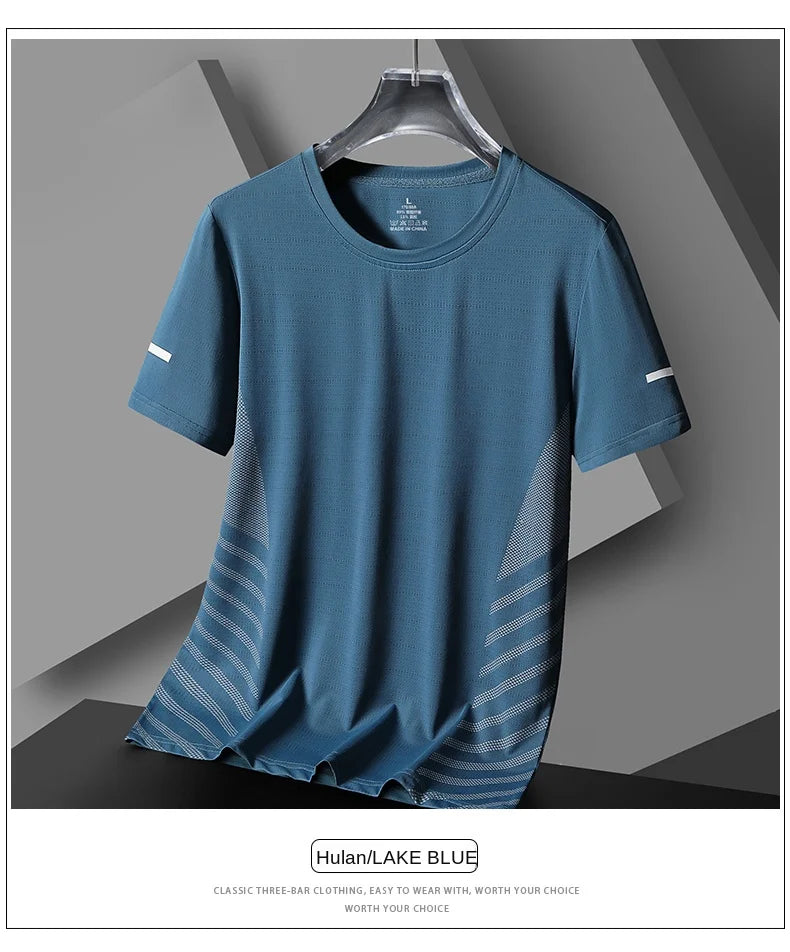 Laufendes T-Shirt Herren Sommer Eisseide Dünnes Oberteil Reflektierender Druck Schnell Trocknend Kurzarm Atmungsaktives Fitness Sport T-Shirt 5XL