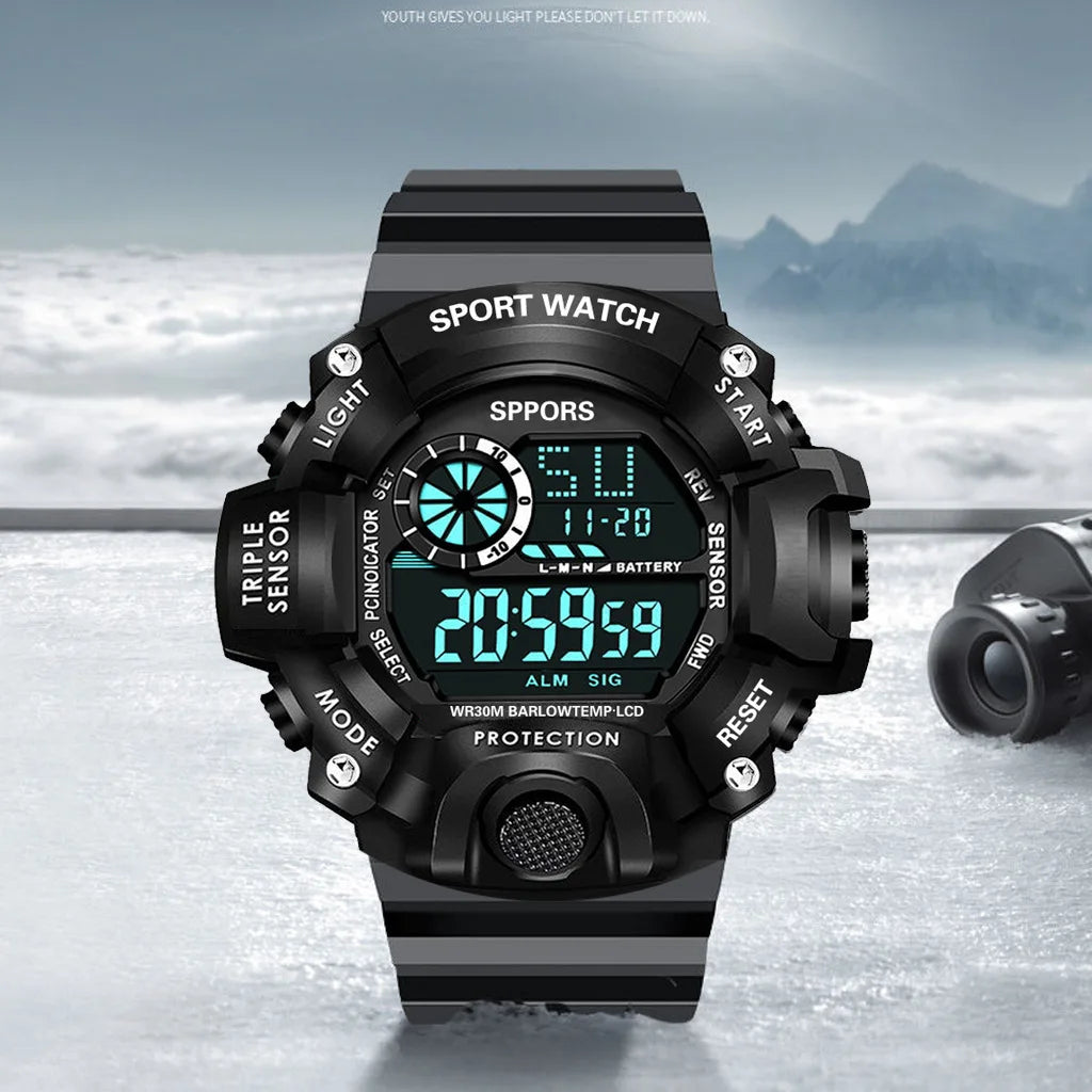 Mode Herrenuhr Sportliche elektronische Armbanduhr Großes Zifferblatt Multifunktional Wasserdicht Leuchtend Alarm Kinder Militäruhr für Herren