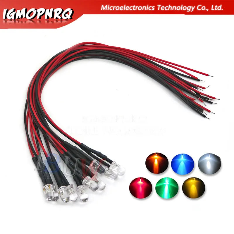 10 Stück DC 3V 6V 12V 24V vorverdrahtete 3mm 5mm LED-Lichtlampe vorverdrahtete Leuchtdioden Transparent Gelb Blau Grün Weiß Rot