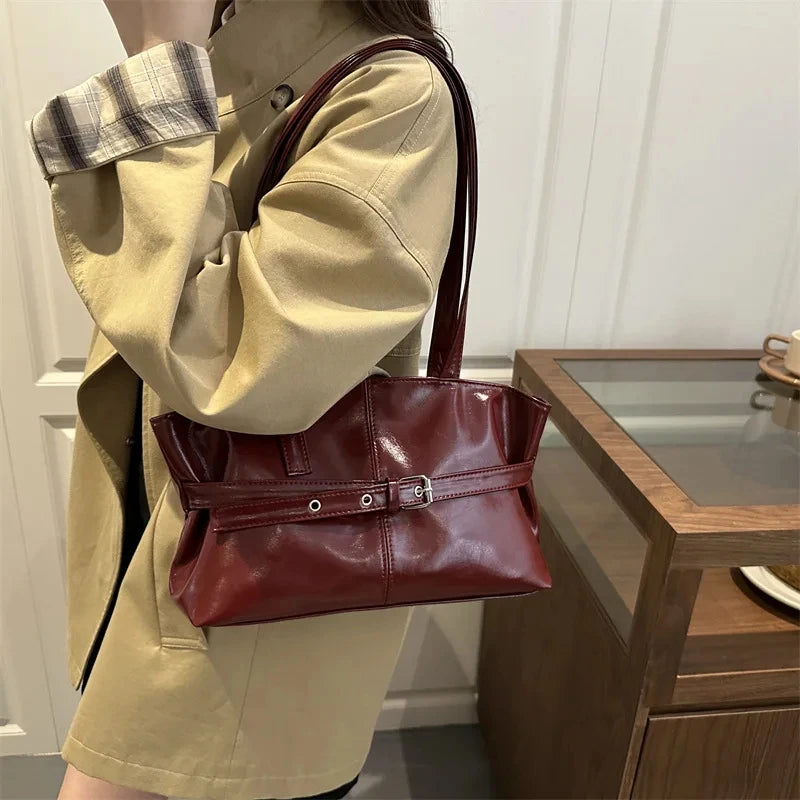 Solid-color Versatile Tote Bag for Women High-quality Suede Buckle-designed Bucket Commuter Bag