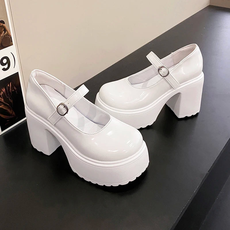 Schwarze Super High Heels Mary Jane Schuhe Damen 2026 Goth Chunky Plateaupumps Damen Übergröße Knöchelschnalle Party Lolita Schuhe 42